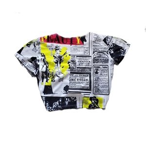 Newspaper graphic, cropped tee.